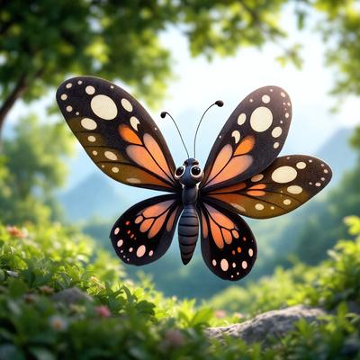The primary subject of the image is a large, colorful butterfly with black and orange wings. It is flying in a lush green forest, surrounded by trees and bushes. The visual style of the image is a combination of photo and digital art, creating a vibrant and realistic representation of the butterfly. The colors and mood of the image are lively and cheerful, with the butterfly being the main focus and the forest providing a serene and natural backdrop.